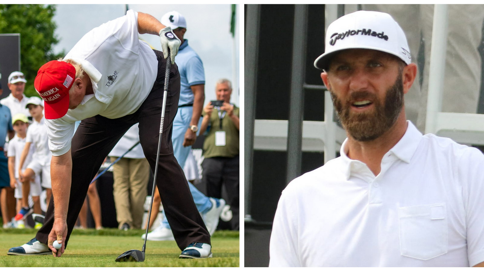 Dustin Johnson reacts after Donald Trump rocks up late to LIV Golf tee time